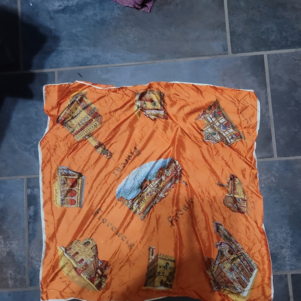 Architectural Print Silk Scarf In Orange Vintage Collectible View 2